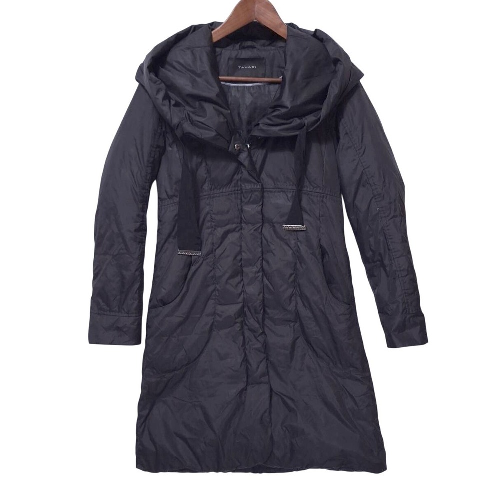 Tahari Down Feather Hooded Puffer Coat Jacket Sz S Lightweight Quilted Outerwear